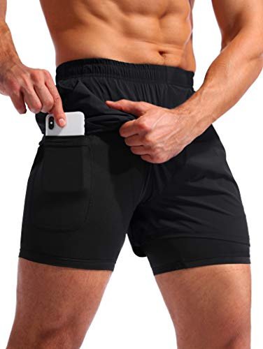 Pudolla Men’s 2 in 1 Running Shorts 5 Quick Dry Gym Athletic Workout Shorts for Men with Phone Pockets(Black Medium)