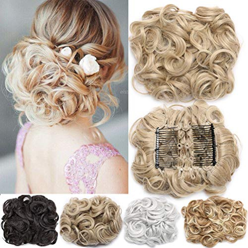 Short Messy Curly Dish Hair Bun Extension Easy Stretch hair Combs Clip in Ponytail Extension Scrunchie Chignon Tray Ponytail Hairpieces Sandy Blonde & Bleach Blonde