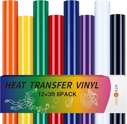HTVRONT Heat Transfer Vinyl Roll- 8 Roll 12 x 3FT(30.5x91CM)/Roll HTV Vinyl, Iron on Vinyl for T-Shirts, Logo,Hat,Fabric,Vinyl Bundle with 8 Colors