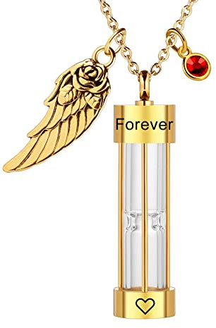 MeMeDIY Personalisierte Urne Herren Halskette für Asche Edelstahl Sanduhr Memorial Anhänger mit Engelsflügel Geburtsstein Anhänger Andenken-Gold