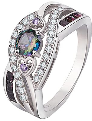 Yowablo Herzf鰎miger Amethyst-Ring Regenbogenfarbener 3a-Zirkon 黚erzogener -Silberring P鋜chen Ringe Mit Gravur