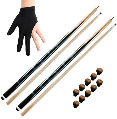 GamePoint 2 x Billardqueue zweiteilig Hobby ca. 140 cm mit einem auswechselbaren Schraubleder in toller Optik mit einem Billiardhandschuh und 10 x Ersatzschraubleder ca. 12mm (schwarz-blau)