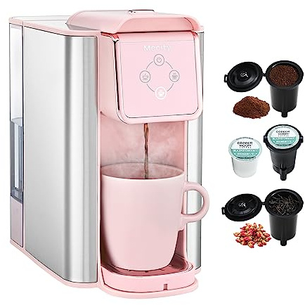 Mecity Pink Coffee Maker 3-in-1 Single Serve Coffee Machine, For Flat Bottom Coffee Capsule, Ground Coffee, 6 to 10 Ounce Cup, Removable 50 Oz Water Reservoir, 120V 1150W