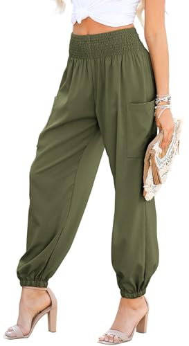 Dokotoo Women's Spring Boho Pants Long Cargo High Waisted 2026 Spring Maternity Wide Leg Trousers Palazzo Parachute Flowy Leggings with Pockets Oversized,Jungle Green X-Large