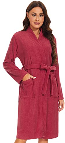 Ymmchy Women Bathrobes Lightweight Dressing Gown Terry Towelling Bath Robe Shawl Collar Robes Wine Red L