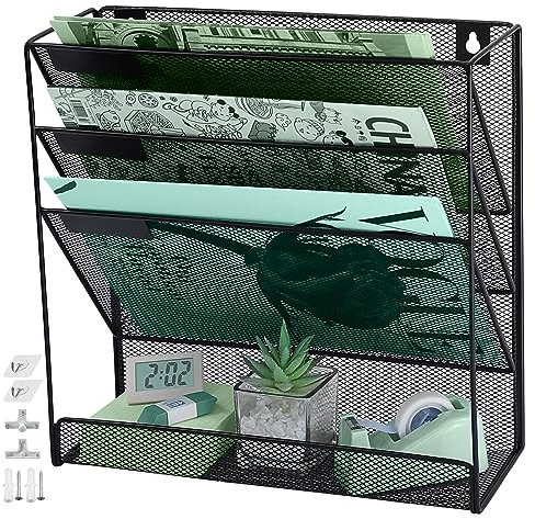 ideallife 4 Fächer Zeitschriften Wandhalter aus Metall, Zeitschriftenhalter Wand, Prospektspenderset und Wandablagefächer für Büro Organizer & Ablage, Schwarz