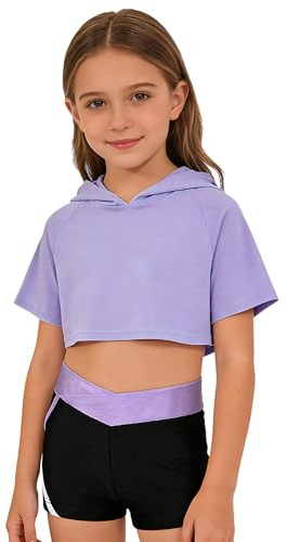 YEAHDOR Enfant Fille Ensemble Sport Justaucorps Manches Courtes Sweat à Capuche + Brassière Sport + Short Gymnastique Fitness Running Sportswear 5-16 Ans Une lavande 9-10 ans