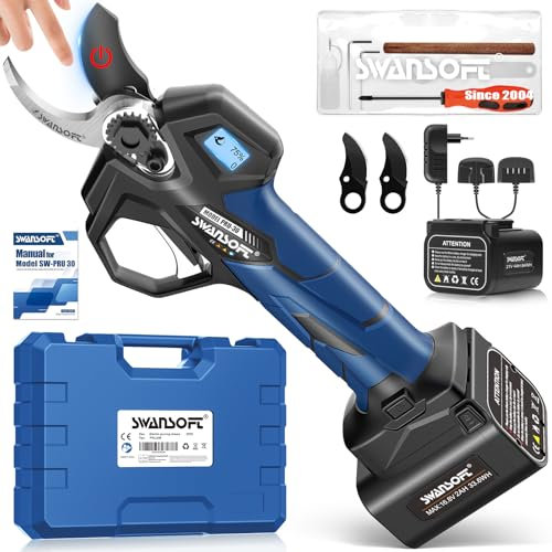 【2025 Podado Pro De Viñas】SWANSOFT PRU30 Tijeras de Podar Electricas, Profesionales 30mm 16,8V 850W 4+2Ah Tijera de Podar Podadora Electrica Bateria | Tijera Podar Electrica, Azul