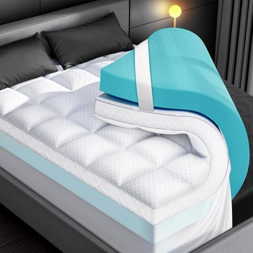 Dual Layer Memory Foam Mattress Topper for Pain Relief with 2X Support, 2 Fluffy Pillow Top King Mattress Topper Plus 2 Odor-Free Cooling Gel Memory Foam Ultra Comfort Mattress Pad Cover