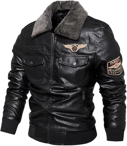 Veste en Cuir de Pilote de Bombardier Cool pour Hommes Vestes Polaires universitaires de Moto d'hiver pour Hommes (Noir,L)