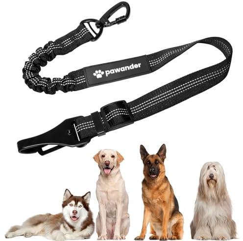 pawander Dog Seat Belt for Car Seatbelt Clip or Hook Latch, Adjustable Reflective Bungee Dog Leash with Locking Zinc Alloy Carabiner, Elastic Buffer, Fits Most Cars/SUVs/Trucks (Black)