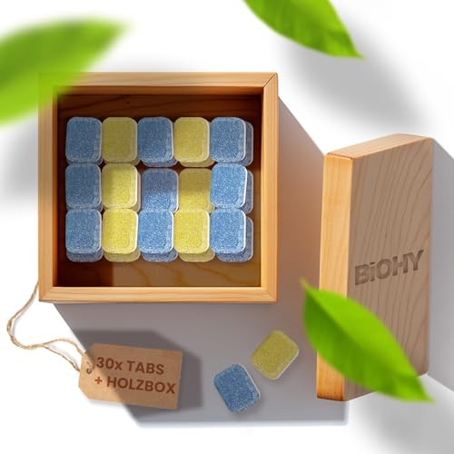 BiOHY All-in-One Dishwasher Tabs (30 Tabs) + Wooden Storage Box | Phosphate-Free | For Daily Cleaning of Crockery & Cutlery | Against Stubborn Grease & Food Leftovers