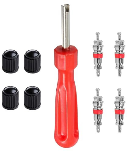 Estrattore valvola, chiave per valvola auto, rosso, testa singola, strumento valvola pneumatico, con 4 inserti per valvole e tappi per valvole pneumatici, per auto, moto, bicicletta, camion strumento