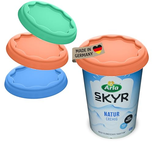 Koziol FRESH Mehrweg-Frischedeckel 3er-Set | robuste & dehnbare Abdeckung für Joghurtbecher (500 ml) | Wiederverwendbar, auslaufsicher & spülmaschinengeeignet | (Mid Green/Strong Blue/Coral)