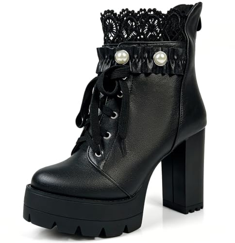 FOREADA Black High Heel Boots For Women Platform Combat Booties Lace Up Goth Chunky Heeled Ankle Boot with Zipper