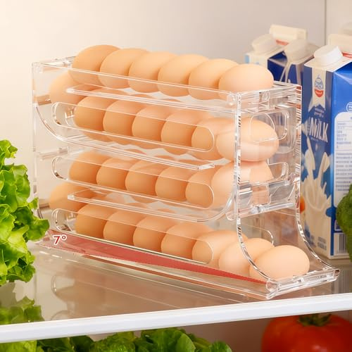 Huevera Nevera 4 Niveles Automática, Rolling Egg Tray Egg Holder, Gran Capacidad 30 Huevos, organizador de huevos de gran capacidad que ahorra espacio para almacenamiento de huevos en el