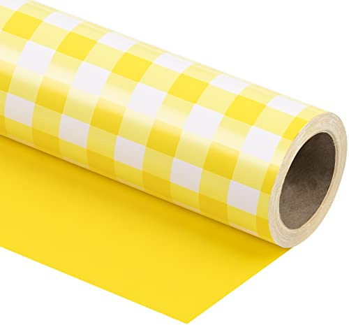 RUSPEPA Papel De Regalo Reversible - Mini Rollo - 43,2 Cm X 10 M - Diseño A Cuadros Amarillo Y Blanco Para Cumpleaños, Bodas Y Baby Shower