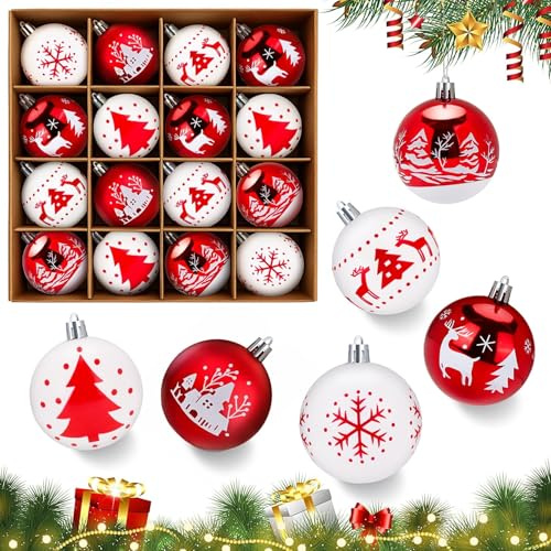 Bolas de Navidad, 16 Piezas de Bolas de Plástico para Árbol de Navidad, 6 cm Adornos para Árbol de Navidad Irrompibles de Rojo y Blanco con Cuerda, Decoración Navideña para Interior y Exterior