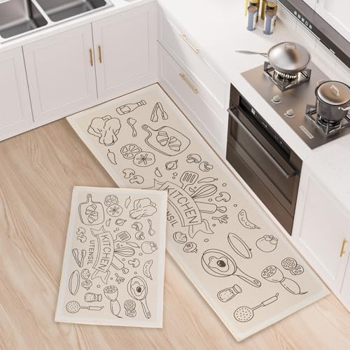 BWBIKE Set di Tappeti da Cucina 2 Pezzi, Guida e Tappetino Imbottiti Comfort Antiscivolo che Assorbono l'acqua, Tappetini Lavabili in Lavatrice per Cucina Accanto a Lavello, Corridoio, Lavanderia