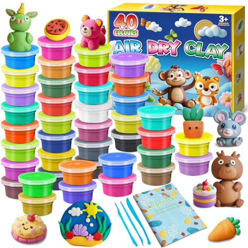 FENSHWIN Pate a Modeler - 40 Couleurs Argile Autodurcissante Pâte à Modeler Magique pour Enfants, Cadeau pour Garçons et Filles âgés de 3 à 12 Ans