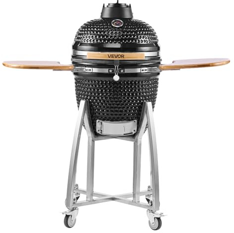 VEVOR Kamado Grill, Keramikgrill, Smoker Ø 450 mm, mit Holzgriffen, Seitenablagen, Metallstand mit Rollen & Thermometer bis 400°C, oberer & unterer Luftstrom, für BBQ, Grillen, Kochen & Backen Outdoor