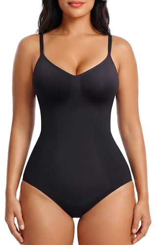 SHAPERX Women's Shapewear Bodysuit Bonded Tummy Control Panel Seamless Comfy Body Shaper With Targeted Compression,SZ6213-Black-L/XL