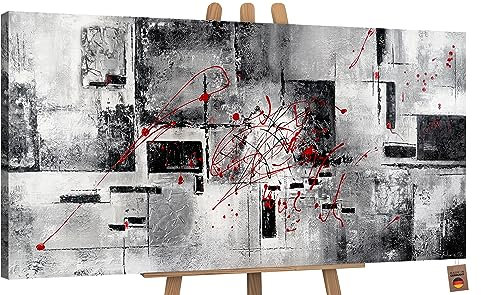 YS-Art Pintura hecha a mano Valor Cuadros contemporáneos colores negro, gris y blanco con líneas rojas Pintado en acrílico 160x80 cm