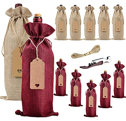 Penubuy Burlap vinpåsar med dragsko, 12-pack vinflaskskydd med etiketter och rep, återanvändbara vinpresentpåsar för festtillbehör（blandade）