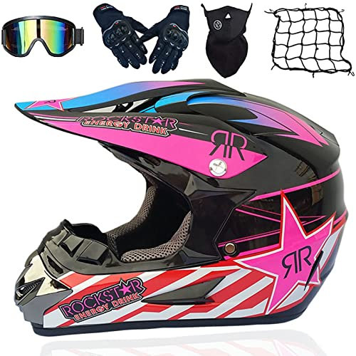 WYXAXNM Motorradhelm Cross Helme, Motocross Helm Kinder, Motorrad Downhill Fullface Helm Crosshelm Set Mit Schutzbrille Maske Handschuhe Helm Netz - DOT Zertifizierter, (52-59CM),Pink-L