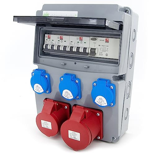 ELS Elektrotechnika Distributore di corrente da parete, 3 x 230 V, Schuko con interruttore FI e interruttore di protezione del tubo, 1 CEE 16 A, 1 CEE 32 A, cablato, pronto per il collegamento per