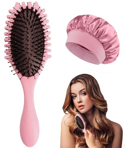 WALLFID Peine pelo Rizado,Cepillo para Definir Rizos,con Gorro de Seda para Dormir,Cepillo para Definir el Peinado para RizarPeinar y dar Forma, Reduce los Tirones y la Separación de Rizos