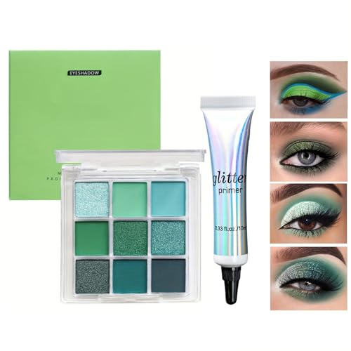 Palette Ombretti 9 Colori Matte E Glitter, Waterproof, Sfumatura Matte Scintillante, Ombretto Altamente Pigmentato, Palette Trucco Occhi (Verde, 1)