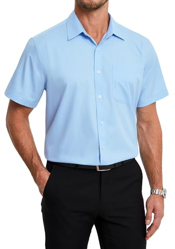 HISDERN Camicia Uomo Maniche Corte Camicie Elegante da Formal in Fibra di bambù Camicia Blu Uomo Estiva Regular Fit Business XL