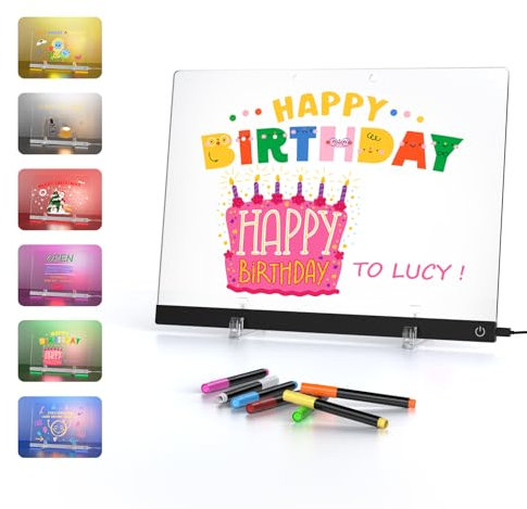 Tableau effaçable à sec en acrylique avec lumière, 35X25cm-Color Neon Glow Memo LED Light-Up Message Board with Stand as Night Light for Room/Festival/Gift, Touch Control, 7 Markers