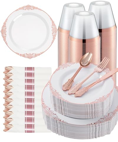 Goodluck 350 Piece Rose Gold Plastic Dinnerware Set for 50 Guests,Fancy Disposable Plates,Include: 100 Rose Gold Rim Plastic Plates,150 Silverwares,50 Pre Rolled Napkins,50 Cups for Party,Wedding