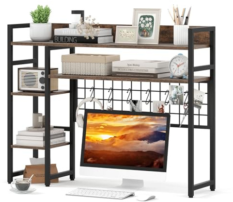 COSTWAY Desktop Bookshelf, Home Office Countertop Storage Hutch Bookcase with 4 Open Shelves, Grid Panel and Anti-tip Device, 4-Tier Desktop Display Rack for Computer Monitor Up to 32” (Rustic Brown)