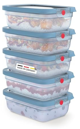 EMSA oneClick, Recipiente para almacenar Alimentos, un Clic, Abrir y Cerrar sin Esfuerzo, 2 Veces más Frescos, 100% hermético, apilables, Set de 5 Piezas Azul, 5X 1,20L, N1231200