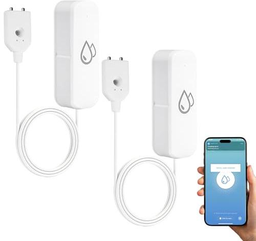 GAOUTO 2 stycken vattenlarm WLAN, batteridriven vattensensor med smart appfjärrkontroll, läckagedetektorer, vattenvakt, vattenlarmsensor, vattensensor larm för kök, källare och badrum