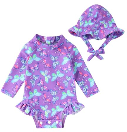 Infant Baby Girl Swimsuit One-Piece Long Sleeve Rash Guard with Hat Set Floral Zipper Bathing Suit Leopard Beach Wear(0-3M,Purple#Butterfly)