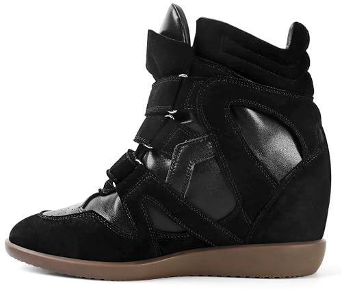 WJZDSJCO Wedge Sneakers for Women Heels Black PU Suede Hook and Loop High Heel Platform Tennis Round Toe Triple Strappy Band Casual Vintage Fashion Dressy Comfy Campus Trendy Retro