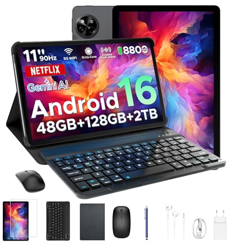Luzglo P11 Android 16 Tablet 11 Pollici, 48GB RAM+128GB ROM (2TB TF), 90Hz, T7250 Octa-Core, 8800mAh, 13MP+5MP, Gemini AI, Widevine L1, Face ID, GPS, FM, Tablets con Tastiera e Penna, Nero
