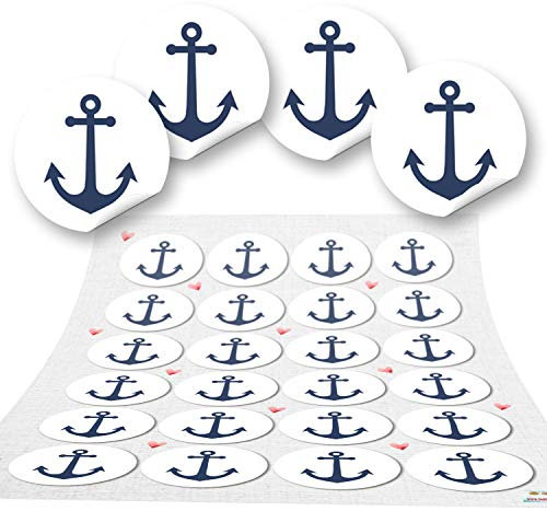 Autocollants déco marine, lot de 24: Stickers ronds ancre bateau bleu et blanc pour décoration thème marin, carte, fête, cadeau, scrapbooking, DIY, déco bord de mer, Ø 4 cm