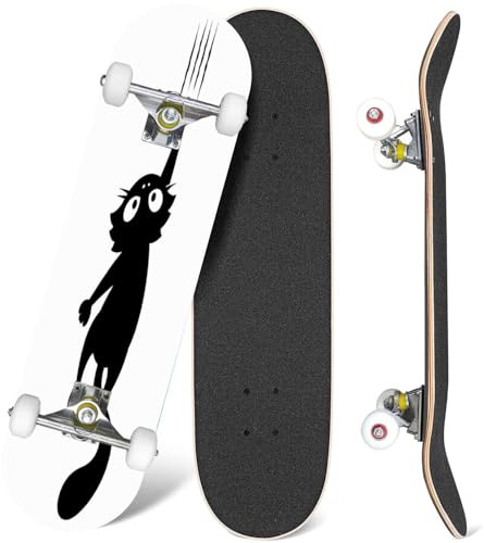 EFTOWEL Skateboards Black cat Scratching The Wall Silhouette of Cartoon cat Climbing The Classic Concave Skateboard Cool Stuff Teen Gifts Longboard Extreme Sports for Beginners and Professionals