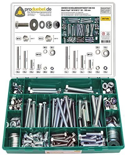 Großes Schrauben-Sortiment DIN 933 M10/M12 Stahl verzinkt (DIN933+934+985+125+9021) 240-tlg (Standard-Box)
