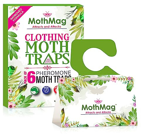 MothMag Moth Traps for Clothes, Closets, Fabrics, and Carpets, Clothing Moth Traps, Clothes Moth Traps, Closet Moth Traps, Moth Pheromone Traps, Extra-Strength Adhesive Glue Clothes Moth Trap, 6 Pack