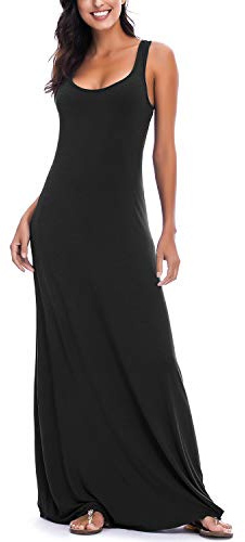 EXCHIC Donne Solido Casual Senza Maniche Maxi Vestito Estate Sexy Spiaggia Gilet Abito (XL, Nero)