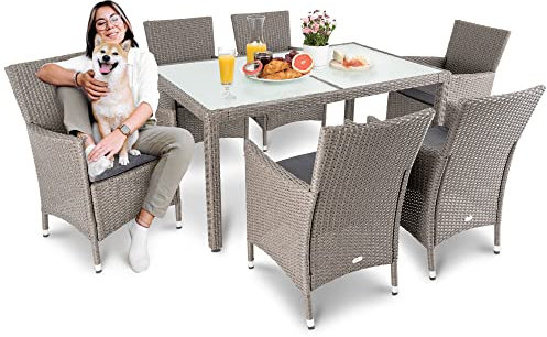 di volio Polyrattan Sitzgruppe Verona - Lounge Gartenmöbel-Set für Garten oder Terrasse, Tisch mit Glasplatte + 6 Stühle - Lounge-Set in Rattan-Optik grau