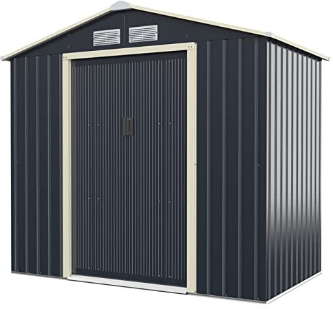 RELAX4LIFE Gerätehaus Metall, Geräteschuppen mit 2 Schiebetüren & 4 Lüftungsfenstern, Gartenhaus Satteldach, Garten Schuppen Outdoor, Grau (213x127x195 cm)