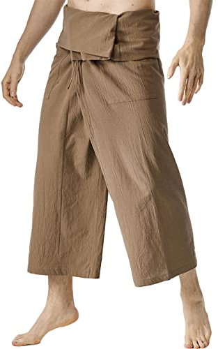Oanviso Herren Thai Fisherman Pants Wickelhose Yoga Chiller Hose Bequem Hose mit Weitem Bein Tasche Harem Hose Atmungsaktiv Kampfsporthose Clevere Wickel Technik passt um Jede Hüfte A Kaffee
