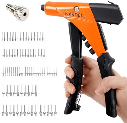HARDELL Nietenzange Set, Nietzange, Blindnietzange, Popnietenzange, Profi Nietpistole inkl 100-teiliges Blindnieten und 4 Auswechselbaren Mundstücken, Manuelles Nietzange für Metall, Holz, Kunststoff